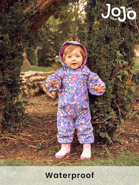 JoJo Maman Bébé Purple Bird Floral Cosy Waterproof Puddlesuit (527074) | £52.50