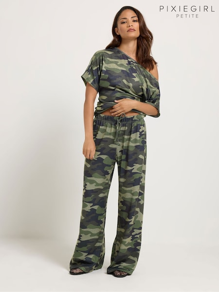 Green - Pixiegirl Petite Camo Soft Touch Wide Leg Trousers