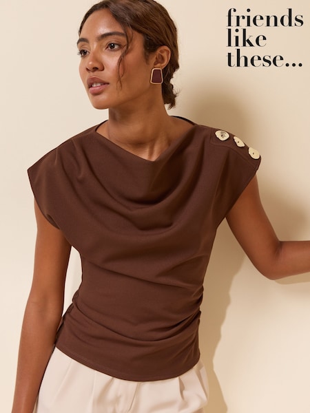 Chocolate Brown - Friends Like These Button Shoulder Cowl Neck Top