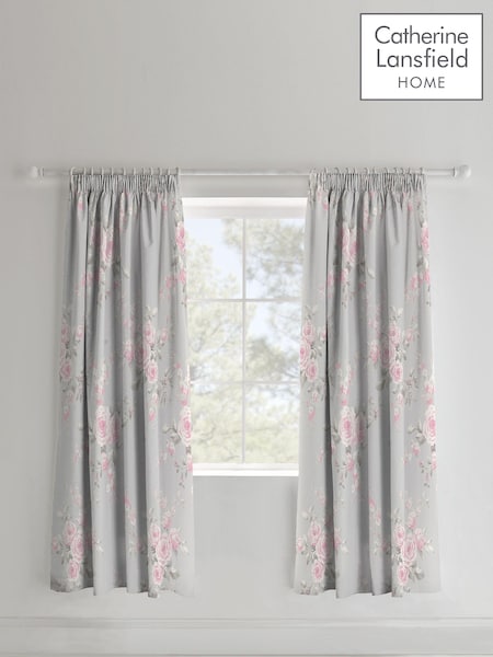 Catherine Lansfield Grey Canterbury Floral Pencil Pleat Curtains (531074) | £50