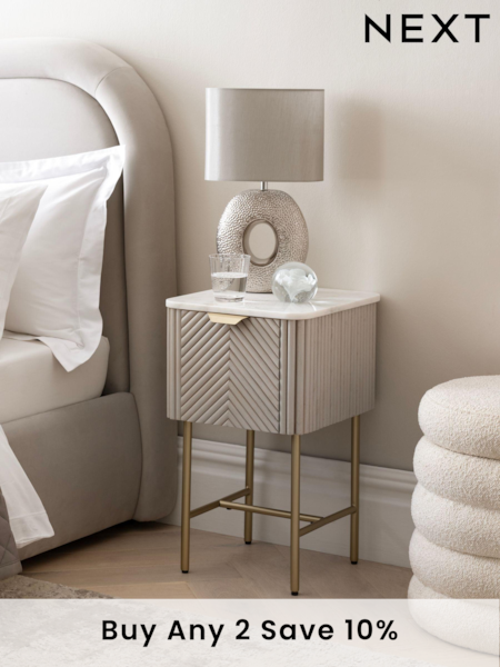 Light Grey Valencia Marble and Mango Wood 1 Drawer Slim Bedside Table (531118) | £275
