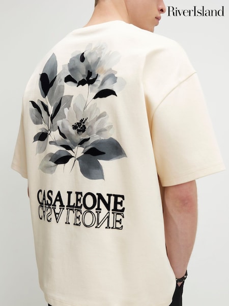 Cream - Regular River Island Oversized Casa Leone Graphic Interlock T-shirt