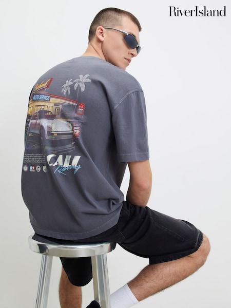 Grey - Regular River Island Oversized Graphic Cali Car T-shirt