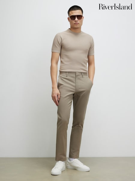 Brown - Regular River Island Slim Fit Smart Chino Trousers