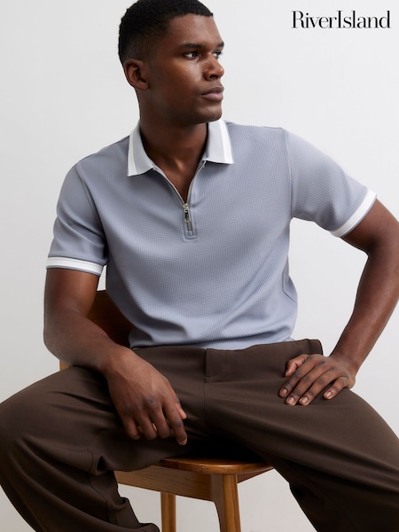 Blue - Regular River Island Slim Fit Zipped Waffle Texture Polo Shirt