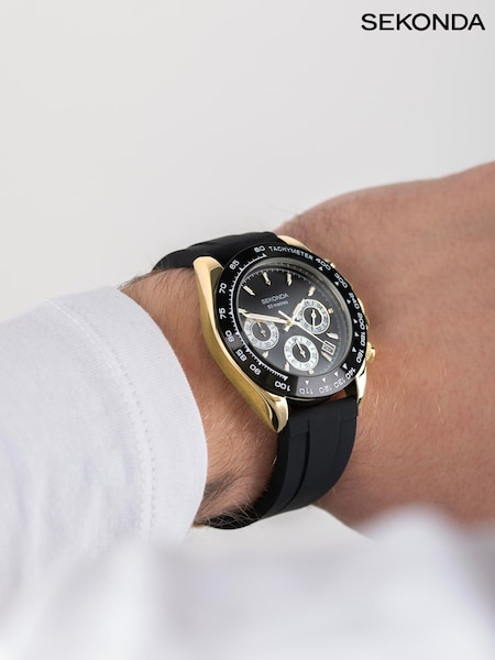 Sekonda Mens Circuit 39mm Analogue Black Watch With Gold Case And Silicone Strap With Dial (532949) | £80