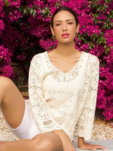Roman Cream Crochet V-Neck 3/4 Sleeve 100% Cotton Tunic Top (533226) | £40