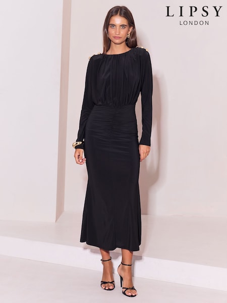 Black - Lipsy Jersey Military Button Ruched Long Sleeve Midi Dress