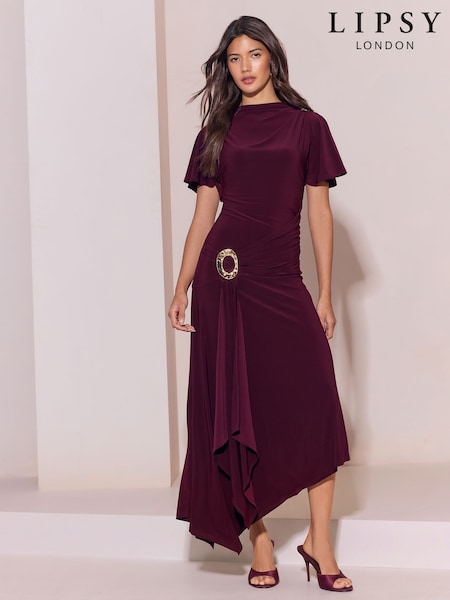 Burgundy Red - Lipsy Jersey Gold Hardware Tie Waist Detail Fit And Flare Midi Dress