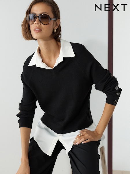 Black - Gem Button Supersoft Knitted Long Sleeve Shirt Layer Jumper