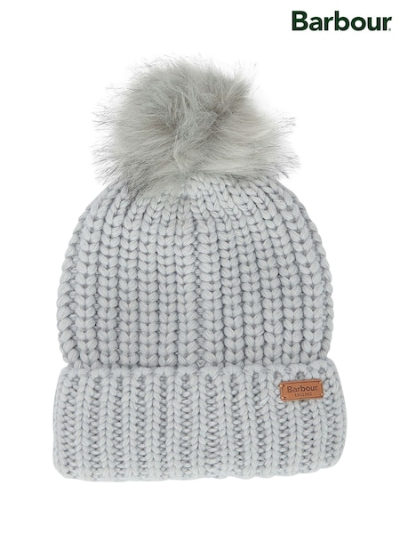 Barbour® Grey Saltburn Cable Knit Pom Beanie Logo Hat (535585) | £30