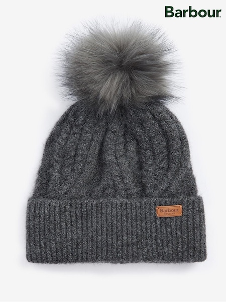 Barbour® Dark Grey Cable Knit Faux Fur Pom Beanie Logo Hat (535675) | £21