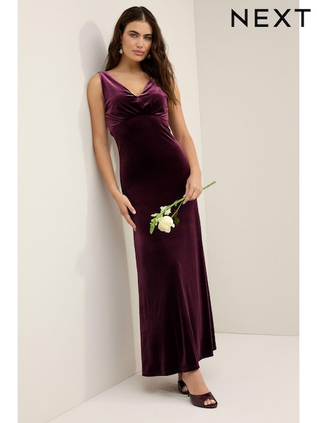 Burgundy Red V-Neck Velvet Maxi Dress (537191) | £68