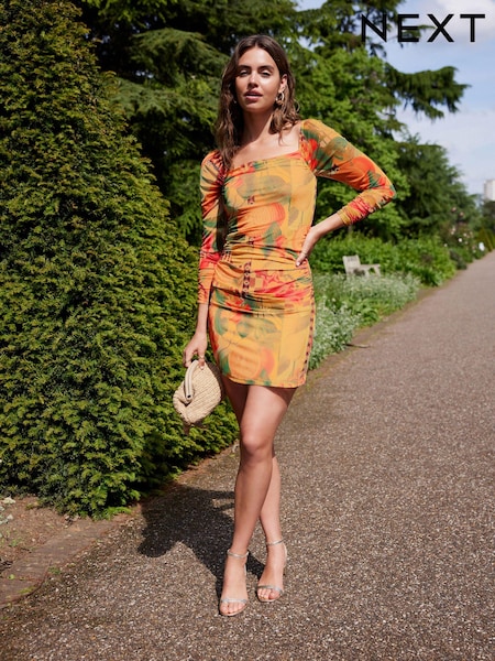 Yellow Tropical Print Kew Collection Ruched Mesh Square Neck Mini Dress (537238) | £4