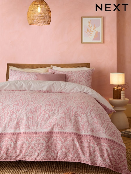 Pink Woodblock Reversible 100% Cotton Duvet Cover and Pillowcase Set (537640) | £25 - £55