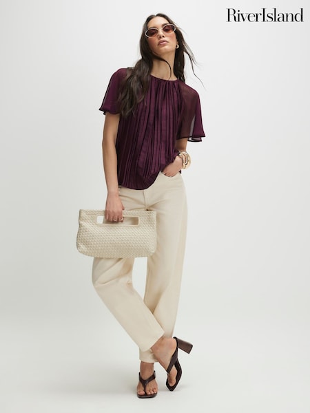 Red - River Island Short Sleeve Pleated Hybrid Top