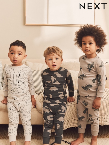 Neutral/Black Dinosaur 3 Pack Snuggle Pyjamas (9mths-10yrs) (541251) | £23 - £29