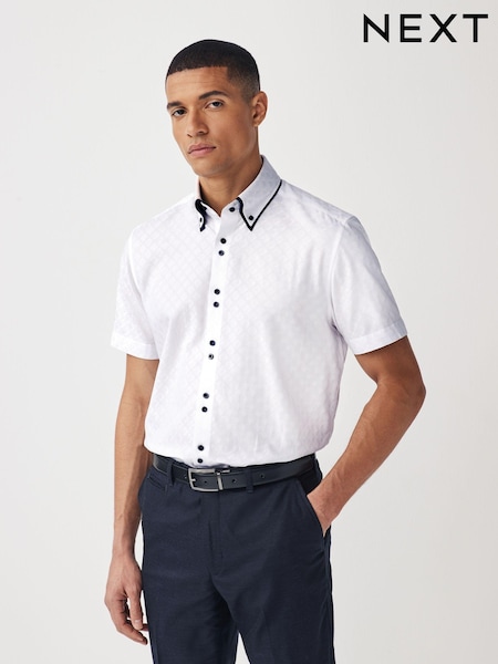 White Double Collar 100% Cotton Trimmed Formal Short Sleeve Oxford Shirt (541835) | £8