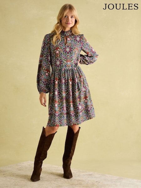 Joules Petunia Khaki Green Frill Neck Dress (543359) | £69.95