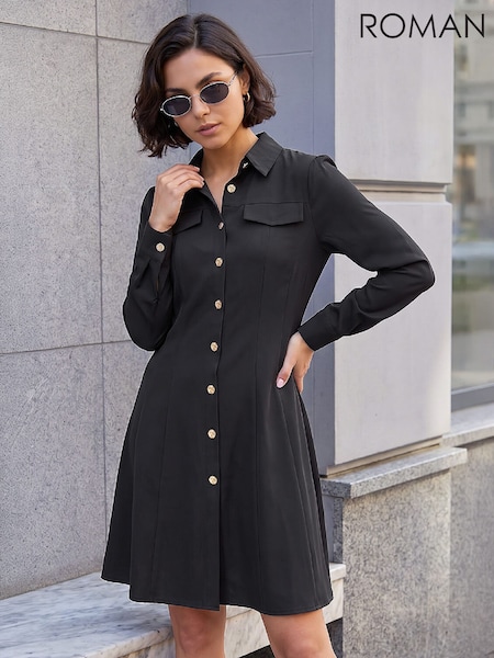 Black - Roman Button Shirt Dress