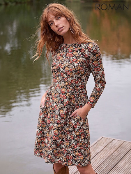 Orange - Roman Floral Ruched Dress