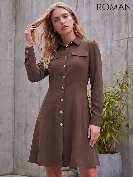 Brown - Roman Button Shirt Dress