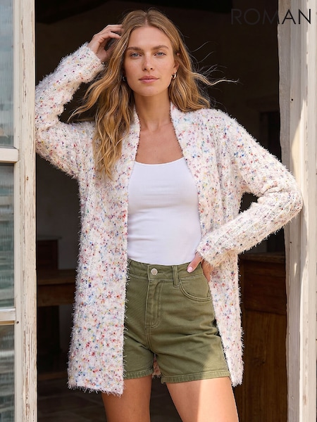White - Roman Fluffy Nep Longline Cardigan