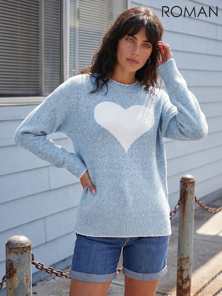 Blue - Roman Contrast Stitch Heart Jumper