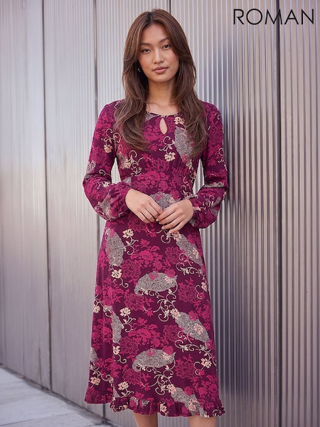 Red - Roman Floral Keyhole Dress