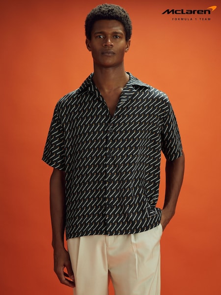 Reiss x McLaren F1 Team Black Multi Silverstone Exclusive Cuban Collar Shirt (546937) | £128