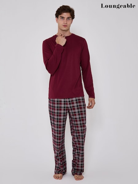 Burgundy Red - Crew Neck Loungeable Jersey Microfleece Long Top And Trousers Pyjama Set