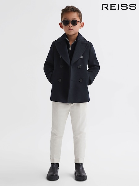 Reiss Navy Bergamo 4-9 yrs Wool-Blend Twill Double-Breasted Coat (548668) | £98
