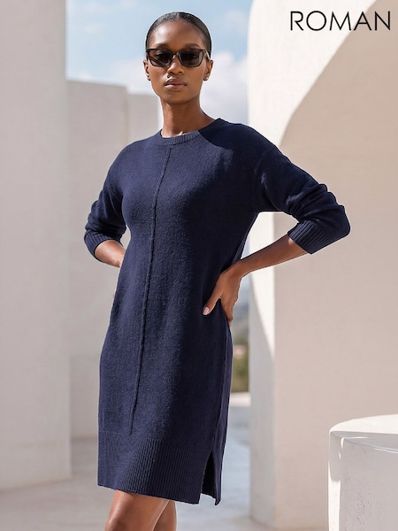 Blue - Roman Petite Knitted Pintuck Shift Dress