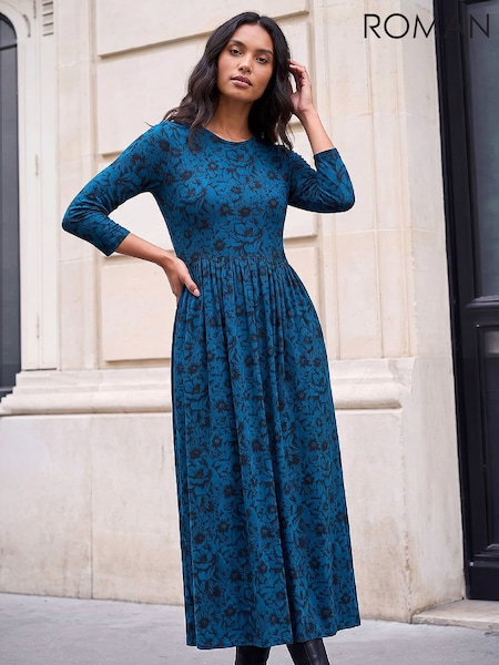 Blue - Roman Printed Round Neck Dress