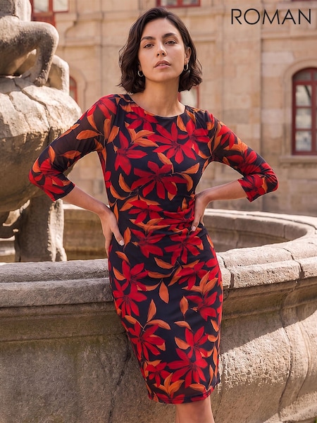 Red - Roman Print Floral Dress