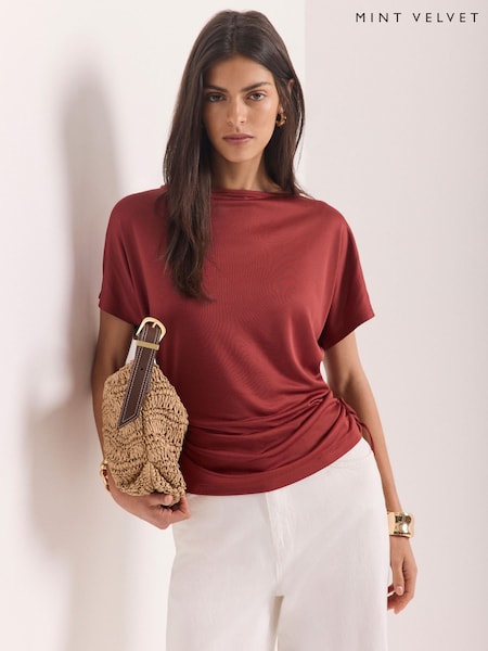 Brown - Mint Velvet Jersey Ruched Tie Detail Top