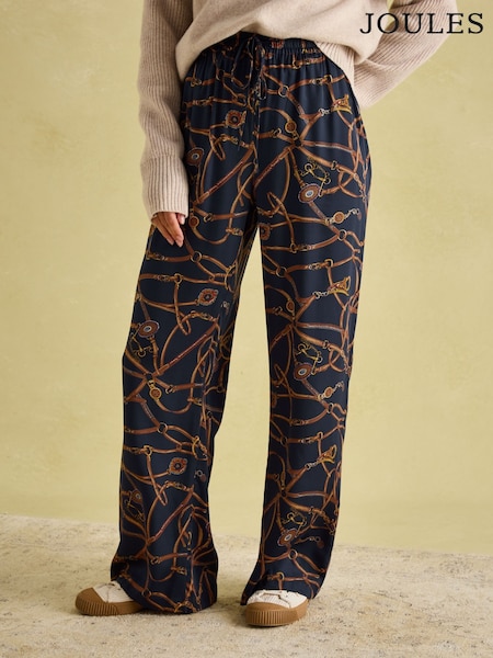 Joules Navy Blue Bridle Wide Leg Printed Satin Trousers (552631) | £23
