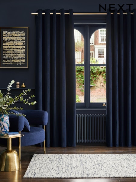 Blue Dark Navy Matte Velvet Lined Curtains (554372) | £35 - £130