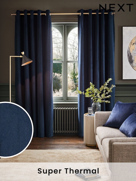 Blue Dark Navy Matte Velvet Super Thermal Curtains (554391) | £60 - £175