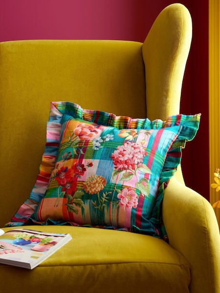 Sophie Robinson Wanderweave Ikat Check Frill Filled Cushion