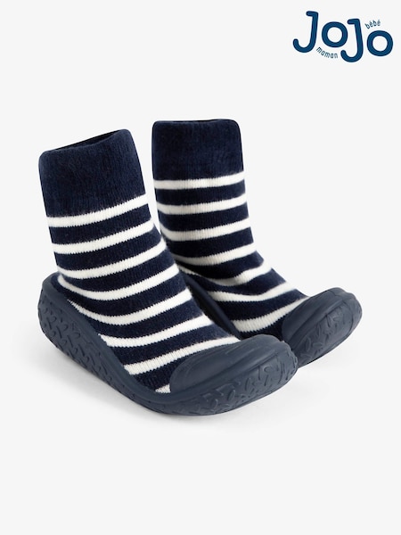 JoJo Maman Bébé Navy Blue Ecru Cream Stripe Boys' Stripe Indoor Outdoor Slipper Socks (555050) | £14.50