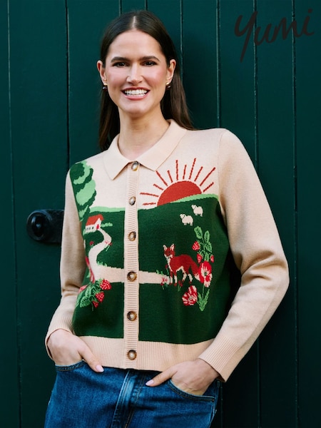 Natural - Yumi Fox Scene Knitted Box Cardigan