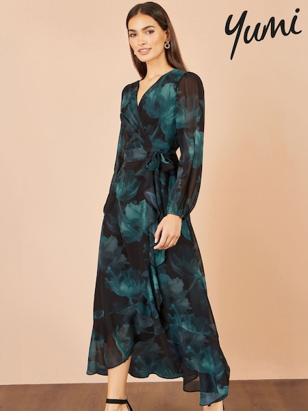 Black - Yumi Floral Dipped Hem Wrap Midi Dress