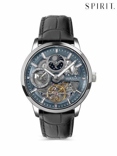 Black - Regular Spirit Gents Silver Sun Moon Automatic Leather Strap Watch