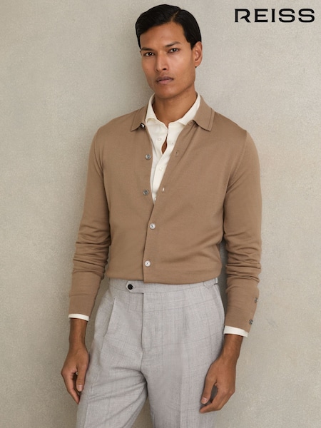 Reiss Camel Forbes Merino Wool Button-Through Cardigan (557819) | £118