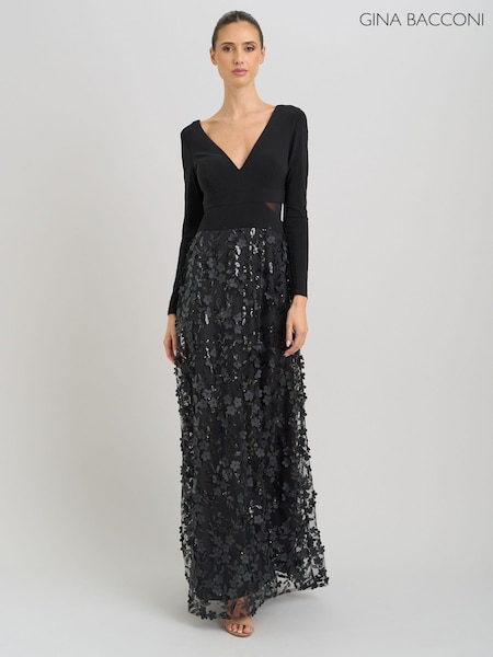 Black - Gina Bacconi Shauna 3d Embroidery Maxi Dress