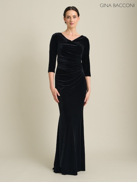 Black - Gina Bacconi Sophie Velvet Maxi Dress With 3/4 Sleeve