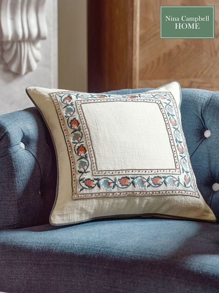 Nina Campbell Navy Blue Suzani Floral Embroidered Border Feather Filled Cushion (560342) | £35