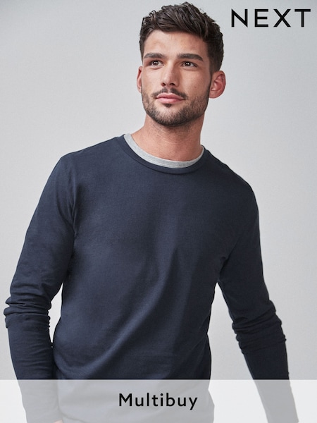 Navy Blue Slim Fit Long Sleeve Crew Neck T-Shirt (562542) | £10