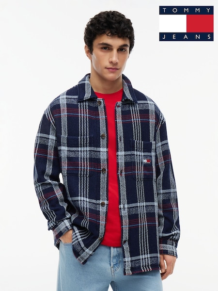 Blue - Regular Tommy Jeans Oversized Fit Check Textured Twill Overshirt